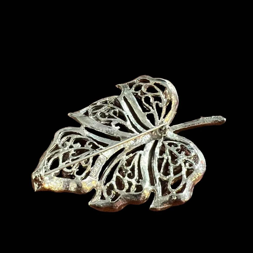 Monet Brooch Leave Brushed‎ Silver Tone Filigree Swirl Vintage Pin